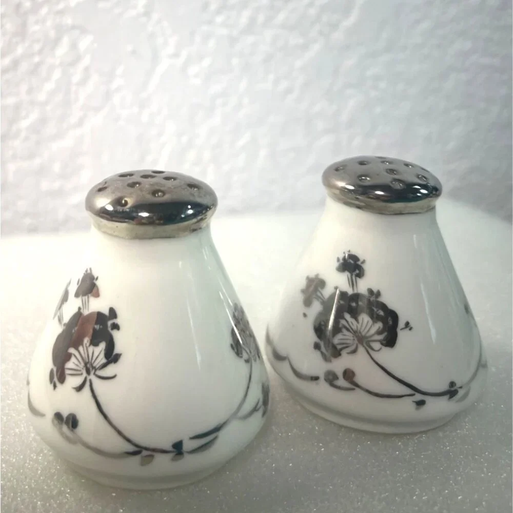 Vintage Bavaria Porcelain‎ Salt & Pepper Shakers Silver Floral Trim Germany  MCM
